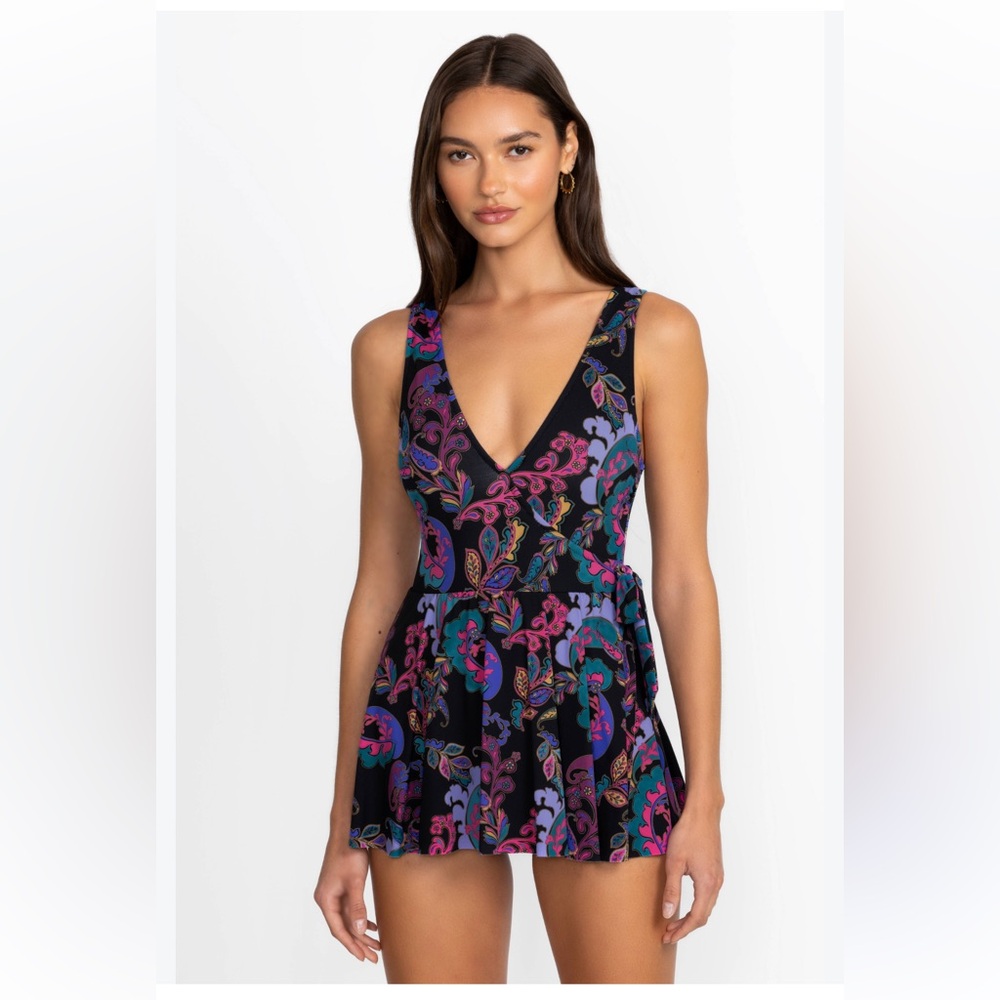 Johnny Was Fatima wrap skirted one piece swimsuit black floral bold modest XS